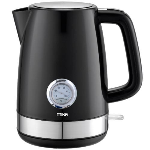 MIKA Kettle, 1.7L, Plastic, 360º Cordless, Concealed Element,with Temperature Gauge, Black MKT1701DB