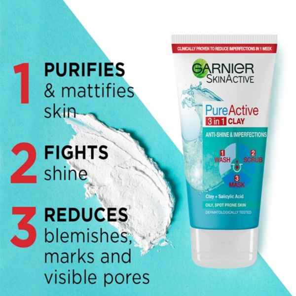 Garnier Pure Active 3-In-1 Wash, Scrub and Mask 150ml - Image 2