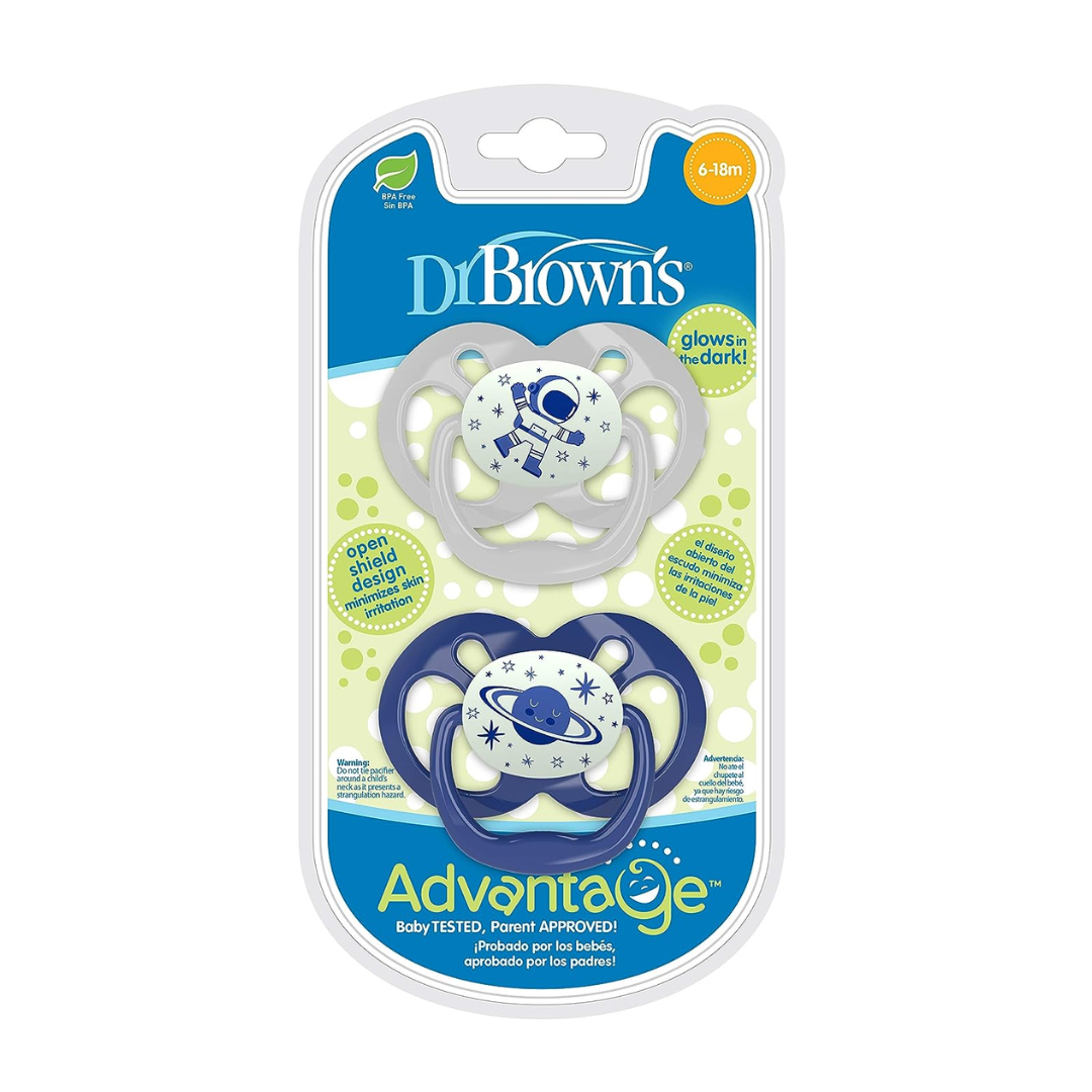 Dr. Brown's Advantage Glow In The Dark Pacifier, 100% Silicone Baby Paci Symmetrical Soother 6 18m Bpa Free Blue 4 Pack
