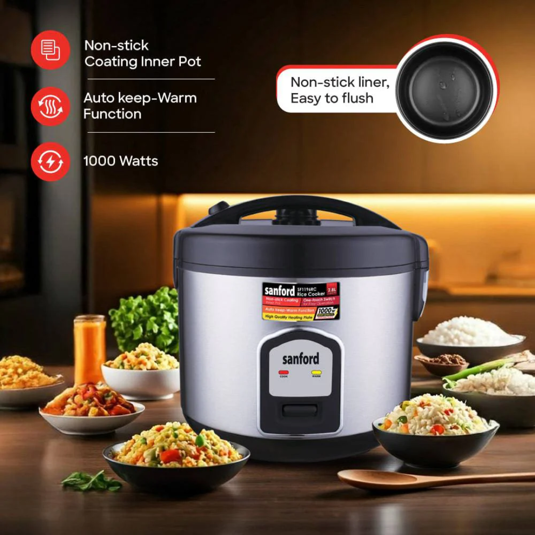 Sanford 2.8L Stainless Steel Rice Cooker 1000W Non-Stick Pot Keep Warm Function SF1196RC - Image 3