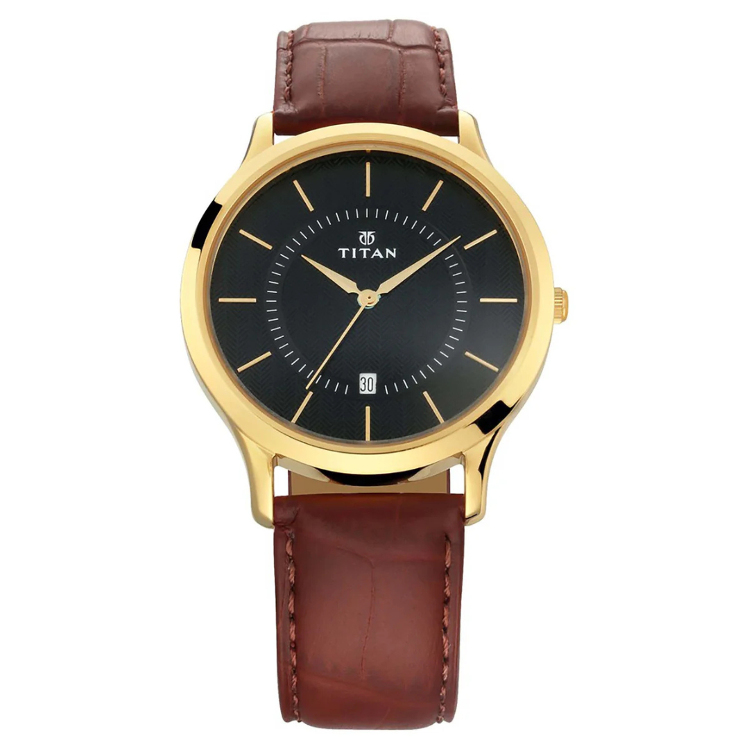 Titan Black Dial Leather Strap Watch for Men