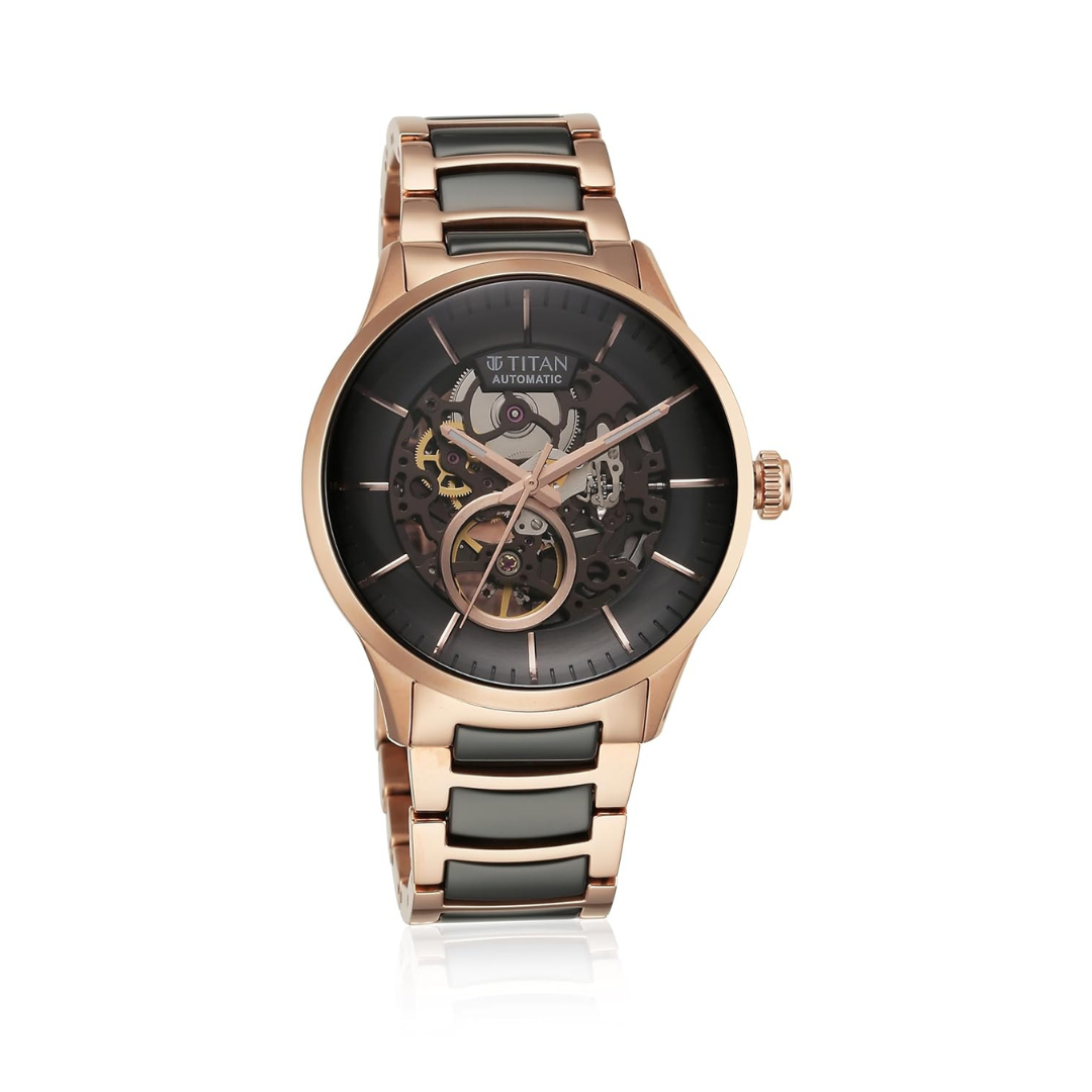 Titan Ceramic Fusion Automatic Black Dial Rose Gold Dual-Toned Stainless Steel Bracelet Watch for Men