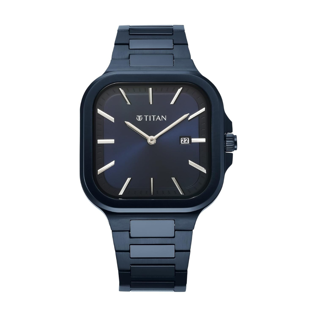 Titan Classic Slim Square Blue Dial Stainless Steel Watch for Men