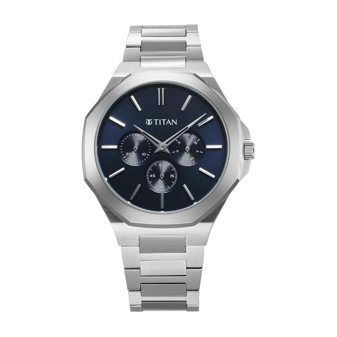 Titan Classique Slim Multifunction Blue Dial Stainless Steel Strap Watch for Men
