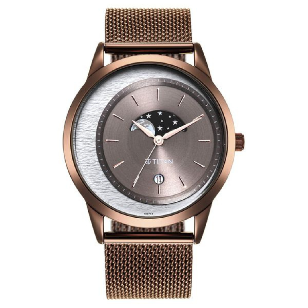 Titan Crescent Brown Dial Stainless Steel Strap Watch for Men