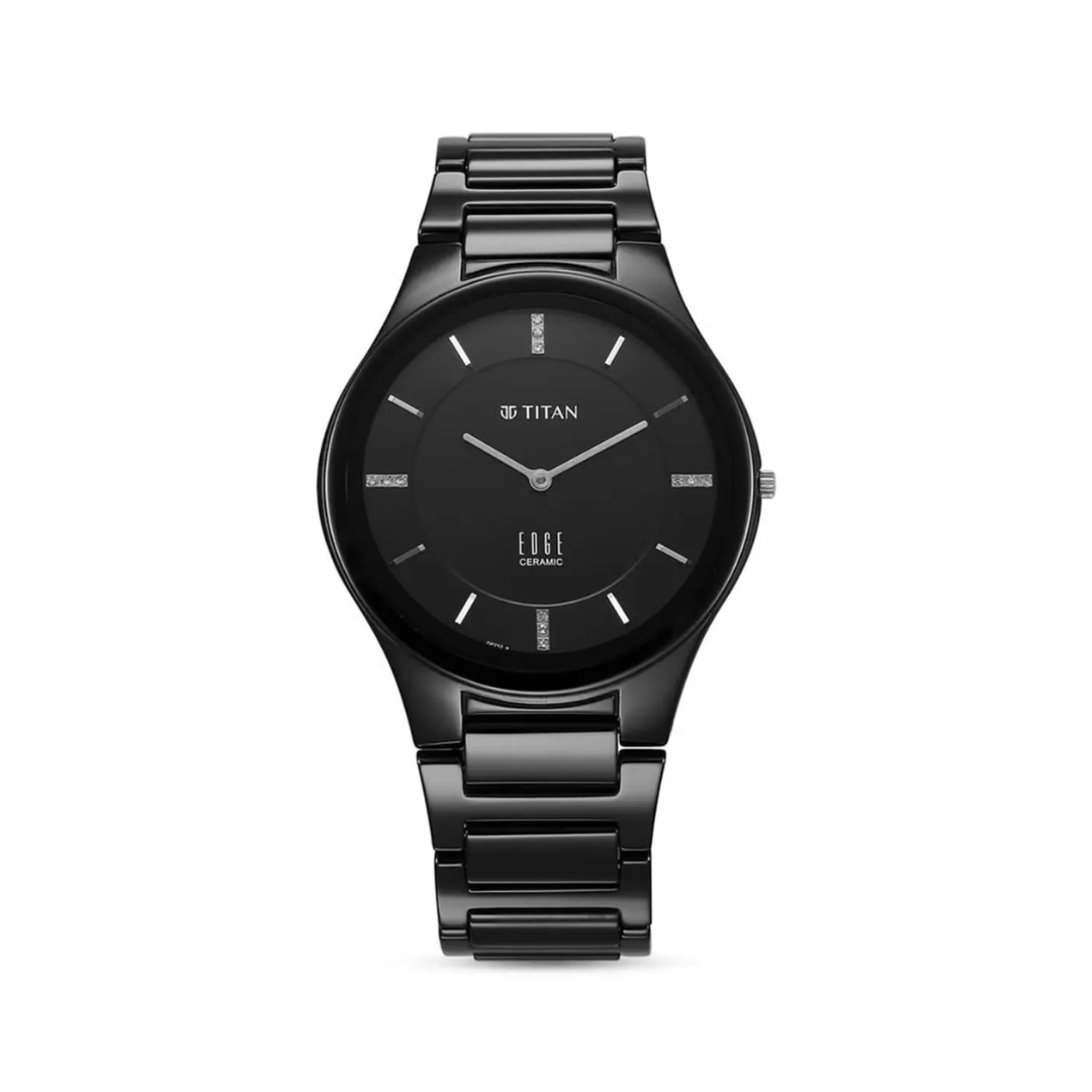 Titan Edge Ceramic Quartz in Glossy Black with Diamonds and Black Dial Watch for Men