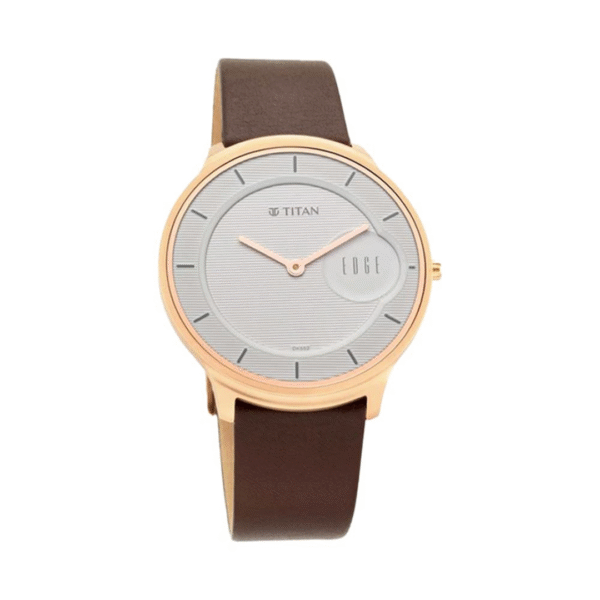 Titan Edge Watch With Silver White Dial & Leather Strap - Image 2