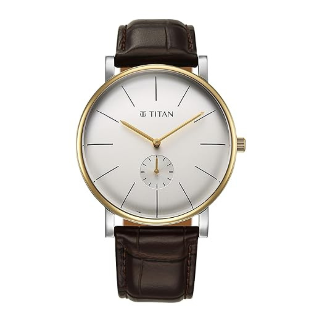 Titan Elegance Quartz Analog White Dial Brown Leather Strap Watch for Men
