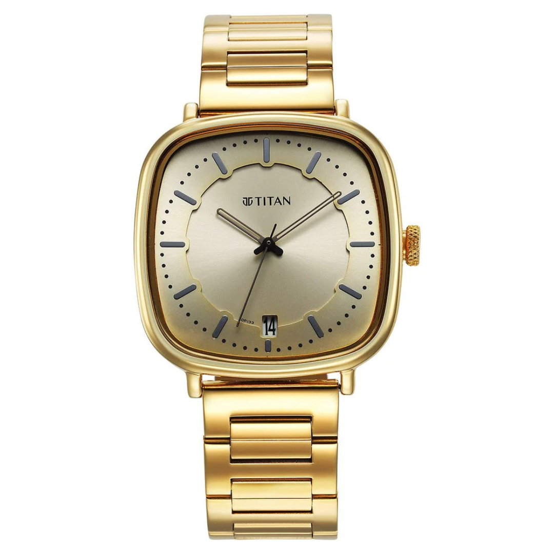 Titan IBD Shaped Case Light Champagne Dial Gold Stainless Steel Watch for Men