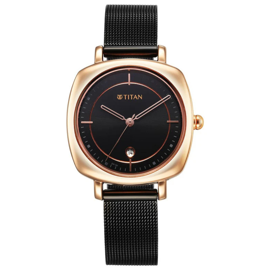Titan IBD Shaped Cases Ladies Black Dial Stainless Steel Watch