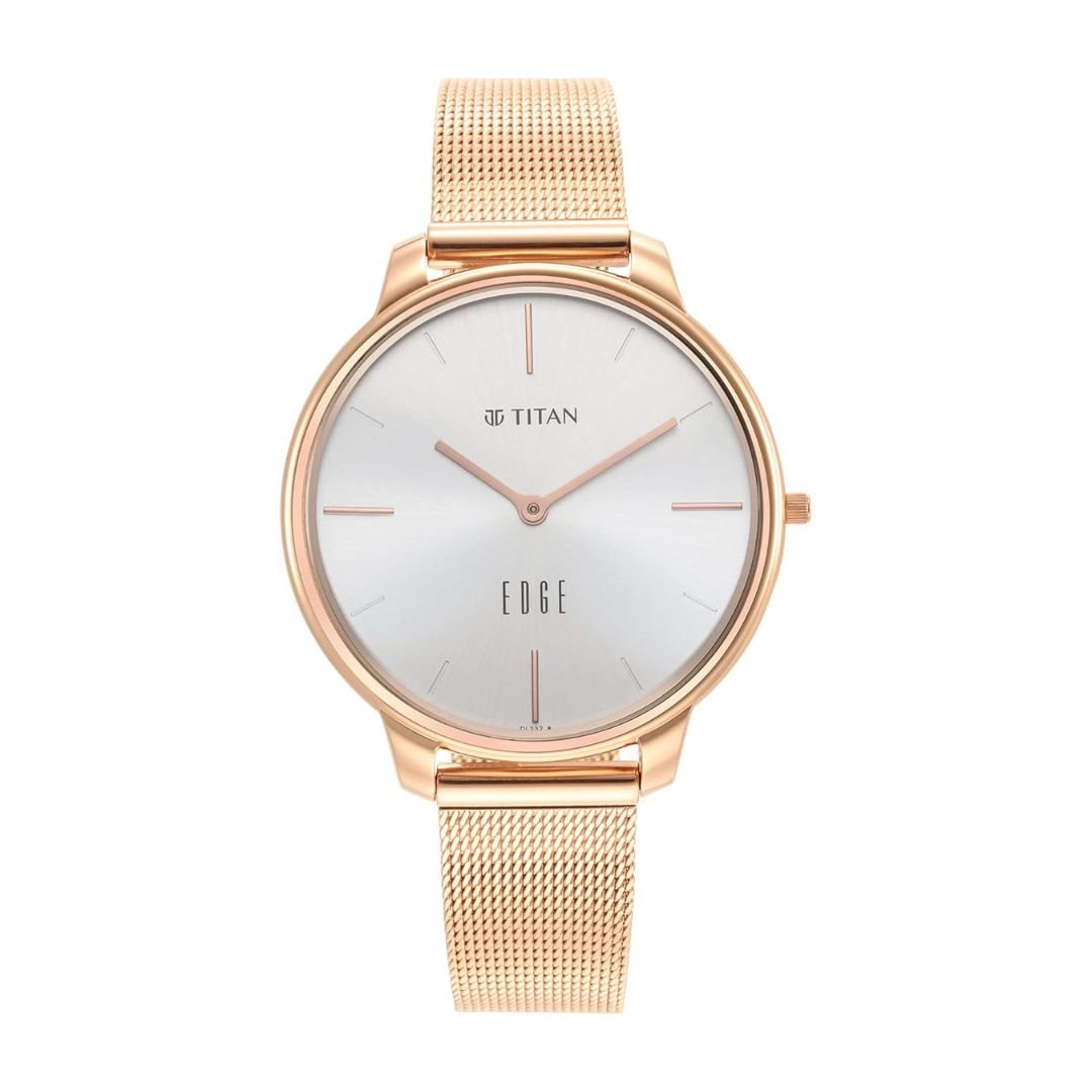 Titan Ladies Edge White Dial Rose Gold Stainless Steel Strap Watch