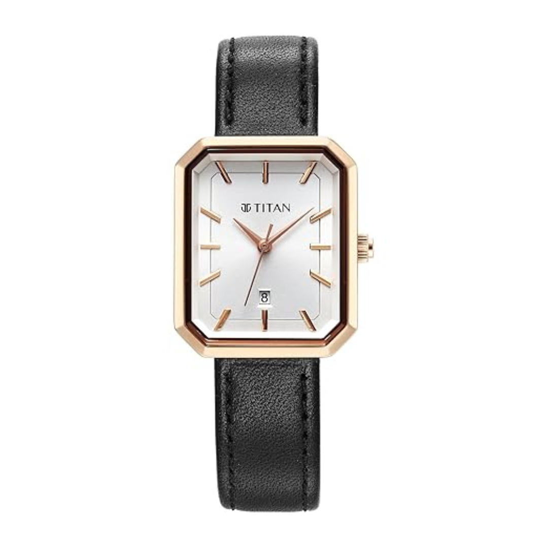 Titan Ladies Workwear Silver White Dial Black Leather Strap Watch