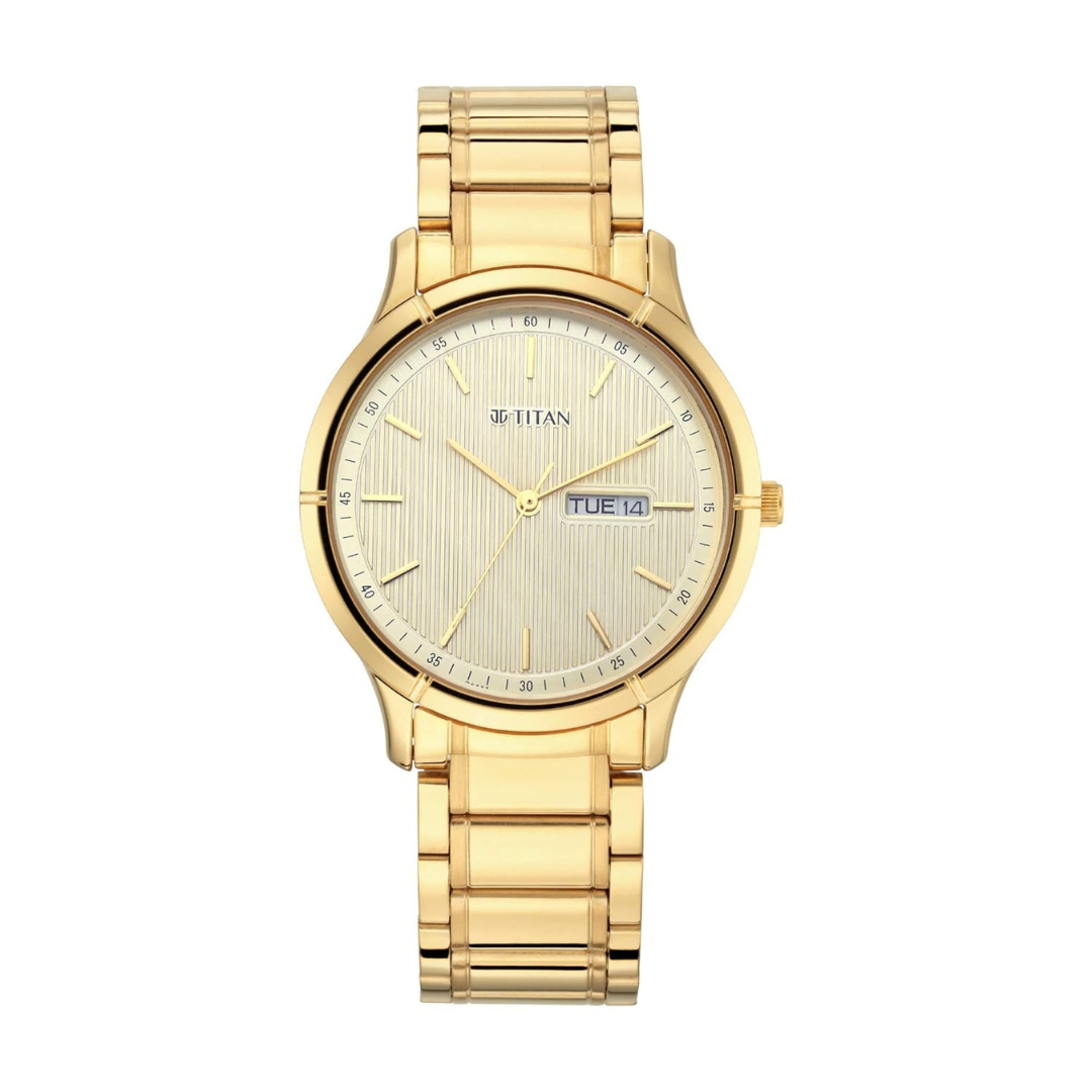 Titan Lagan Yellow Dial Metal Strap Watch for Men