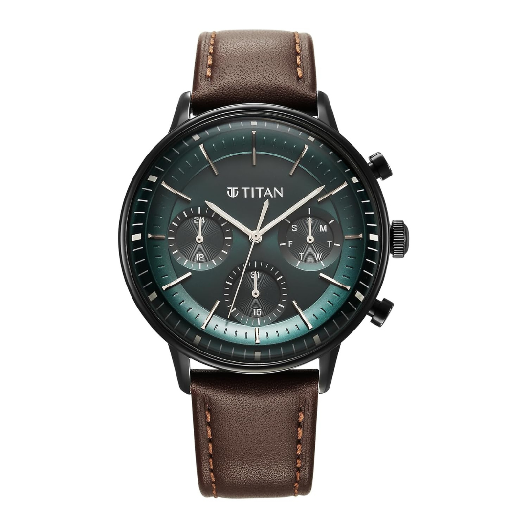 Titan Light Leathers Quartz Multifunction Black Dial Watch for Men