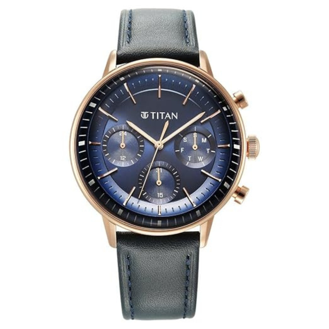 Titan Light Leathers Quartz Multifunction Blue Dial Stainless Steel Watch for Men