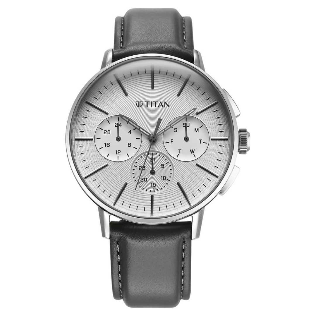 Titan Light Leathers VII Silver White Dial Cement Grey Leather Strap Watch for Men