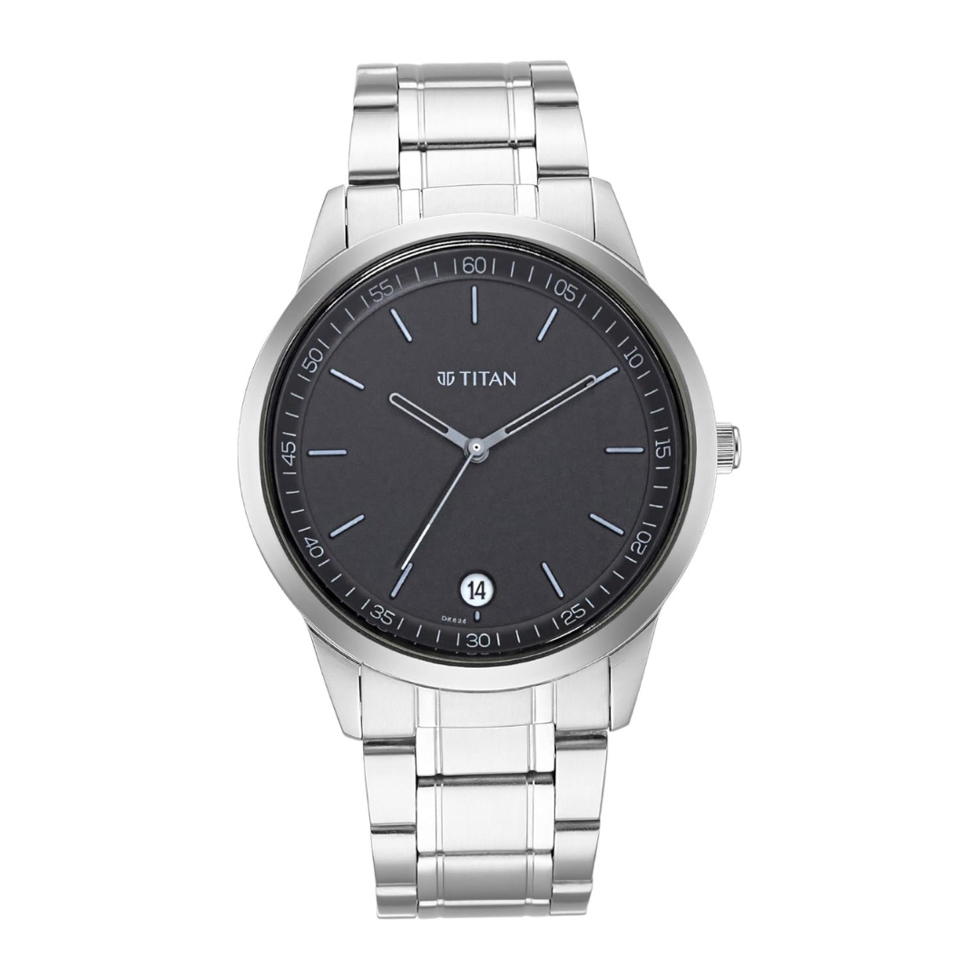 Titan Minimals Black Dial Analog with Date Metal Strap Watch for Men