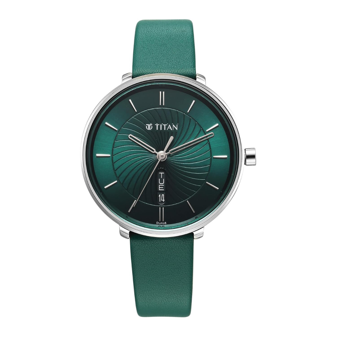 Titan Neo Analog with Day and Date Green Dial Green Color Leather Strap Watch For Women