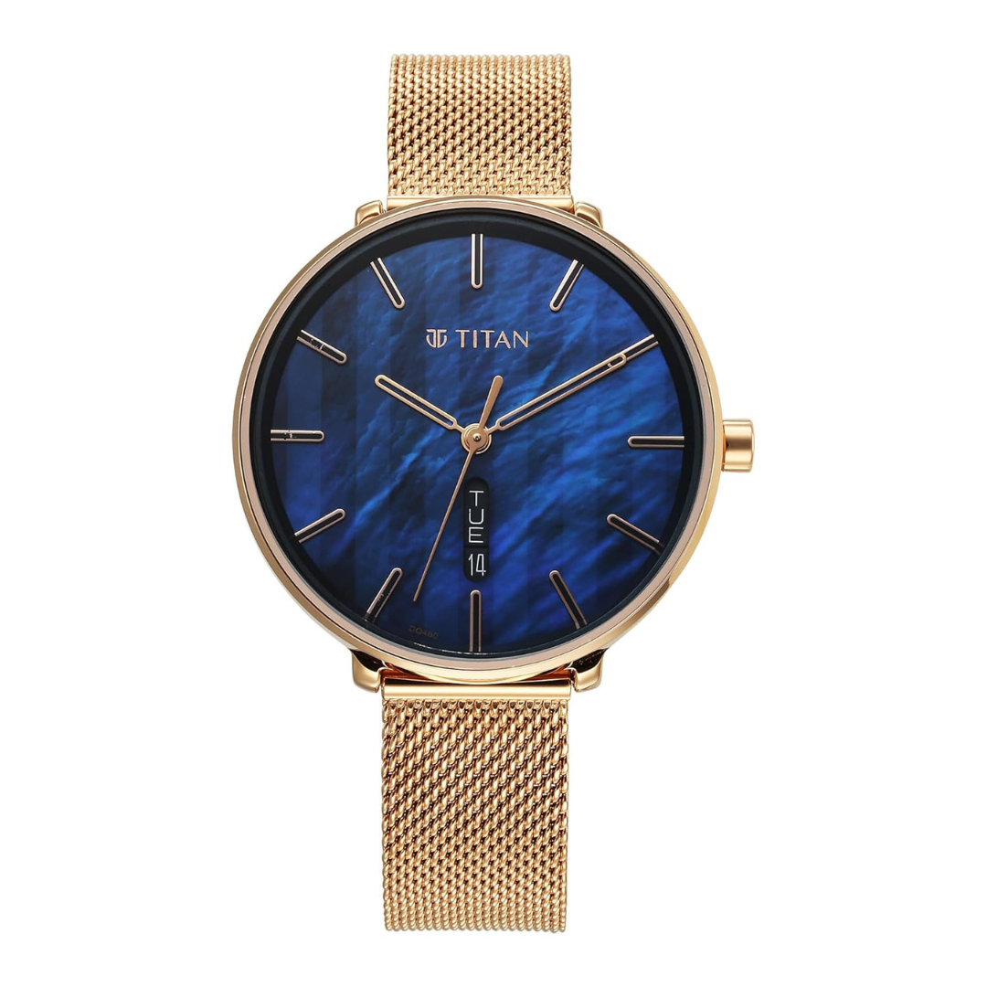 Titan Neo Analog with Day and Date Mother Of Pearl Dial Rose Gold Color Stainless Steel Strap Watch For Women