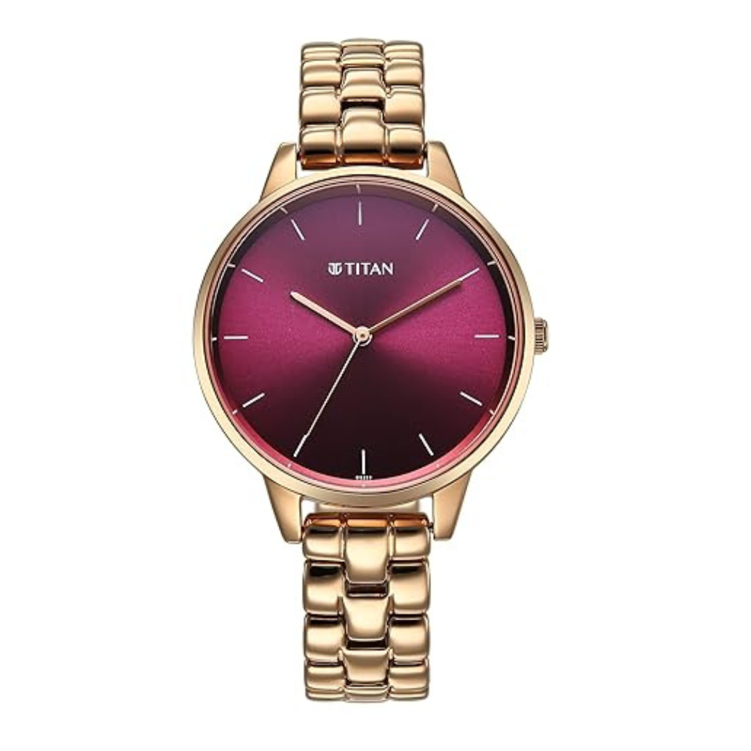 Titan Neo Quartz Analog Maroon Dial Rose Gold Metal Strap Watch For Women