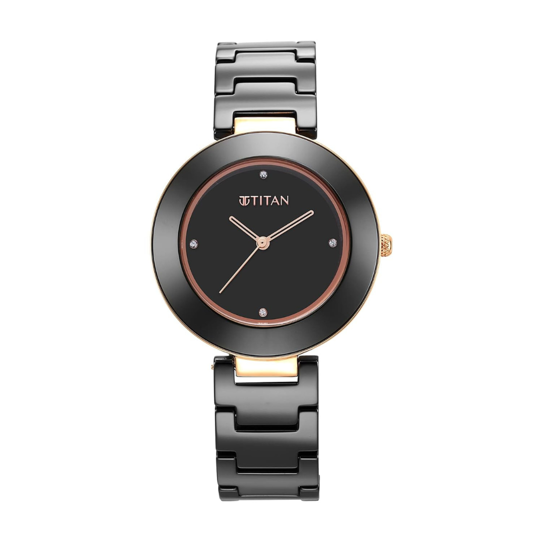 Titan Purple Ceramics Black Dial Ceramic Strap Watch for Women