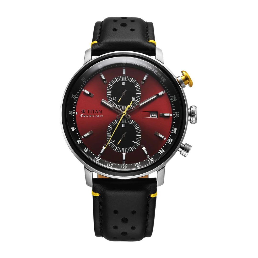 Titan Race Craft Black & Red Dial Leather Strap Chronograph Watch for Men