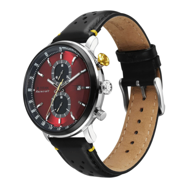Titan Race Craft Black & Red Dial Leather Strap Chronograph Watch for Men - Image 2