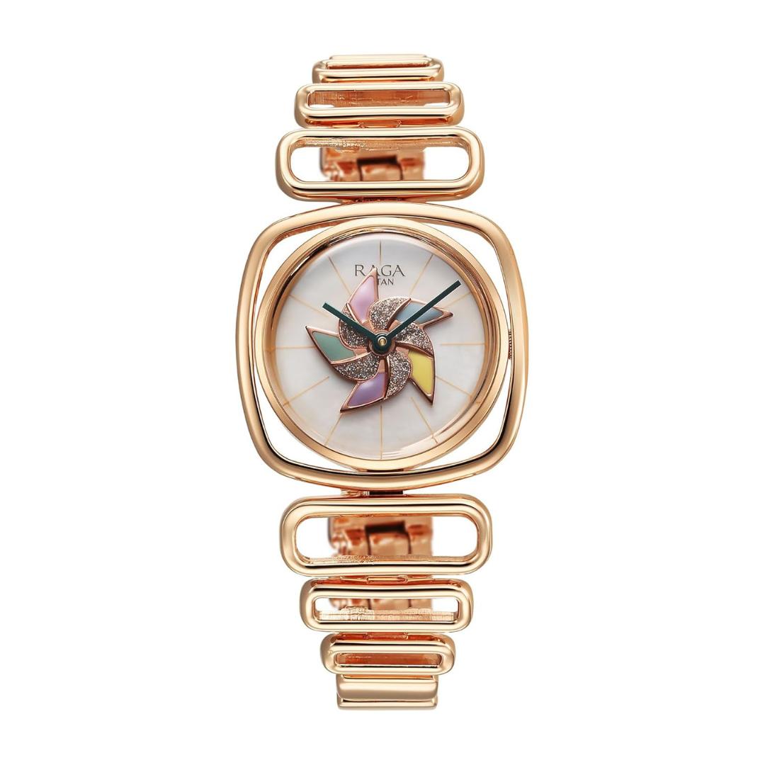 Titan Raga Memoirs Quartz Analog Mother of Pearl Dial With Rose Gold Color Metal Strap Watch For Women