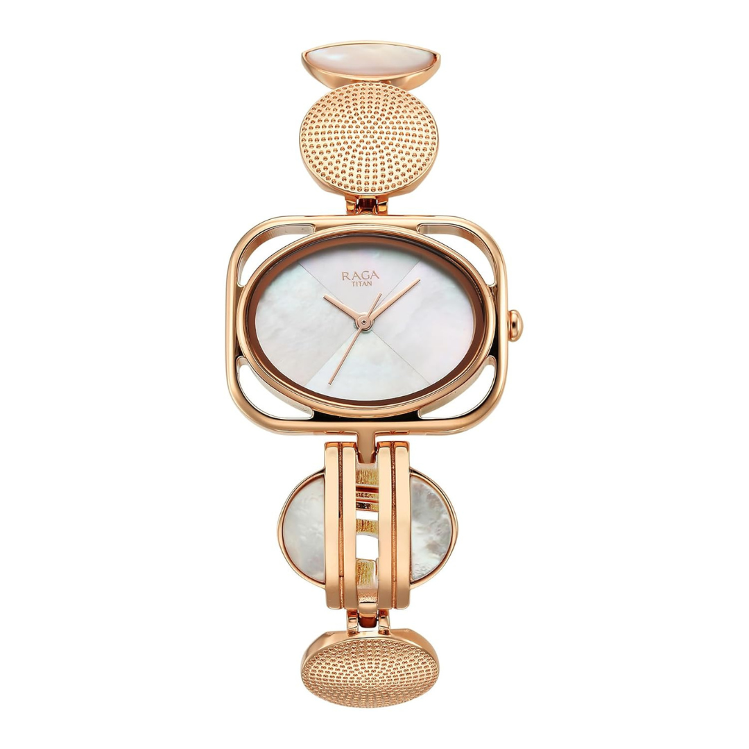 Titan Raga Power Pearls Quartz Analog Mother Of Pearl Dial Metal Strap Watch for Women