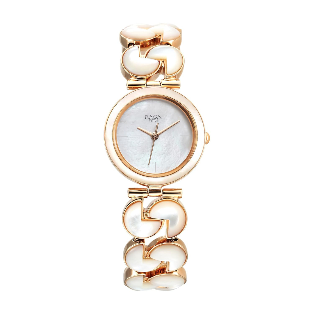 Titan Raga Power Pearls Quartz Analog Mother Of Pearl Dial Metal Strap Watch for Women