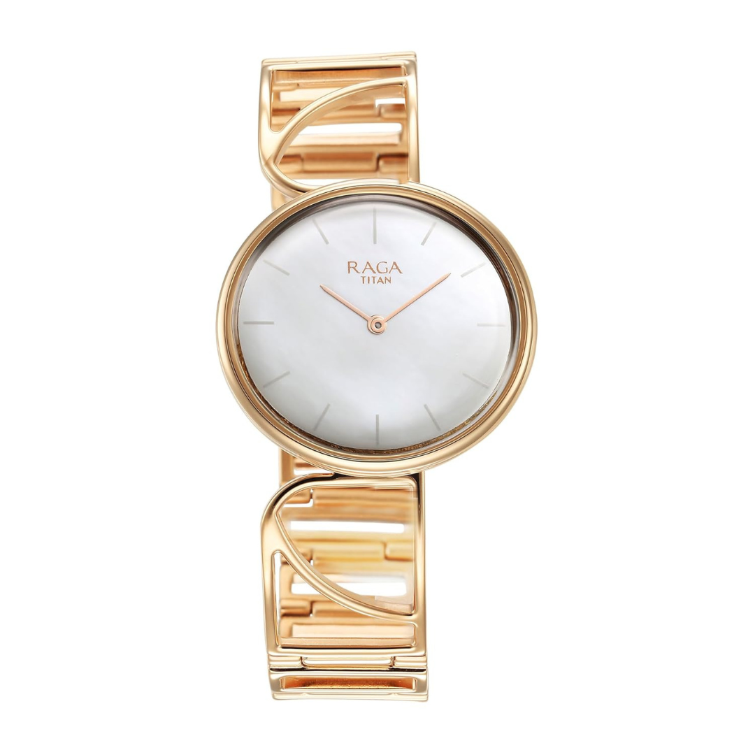 Titan Raga Power Pearls Quartz Analog Mother Of Pearl Dial Metal Strap Watch for Women
