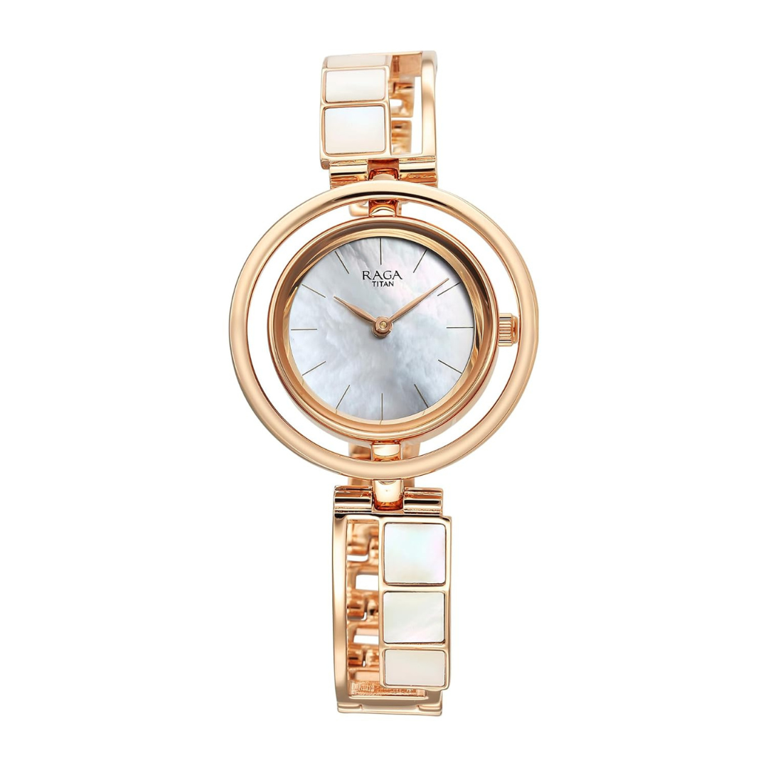 Titan Raga Power Pearls Quartz Analog Mother Of Pearl Dial Metal Strap Watch for Women