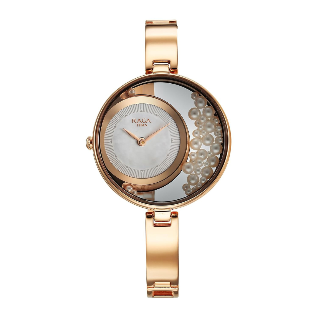 Titan Raga Power Pearls Quartz Analog White Dial Metal Strap Watch for Women