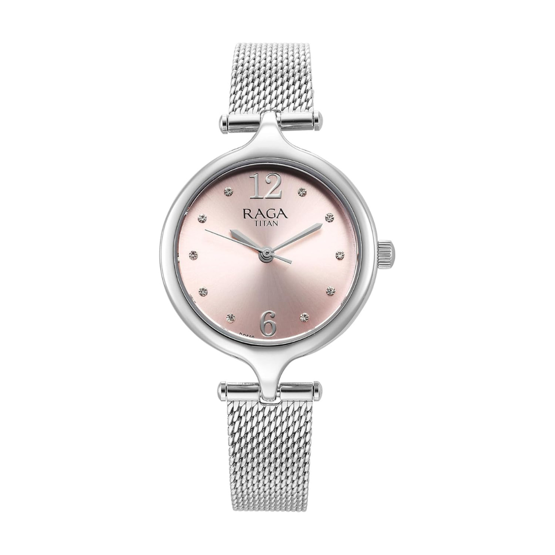Titan Raga Showstopper Quartz Analog Pink Dial Metal Strap Watch for Women