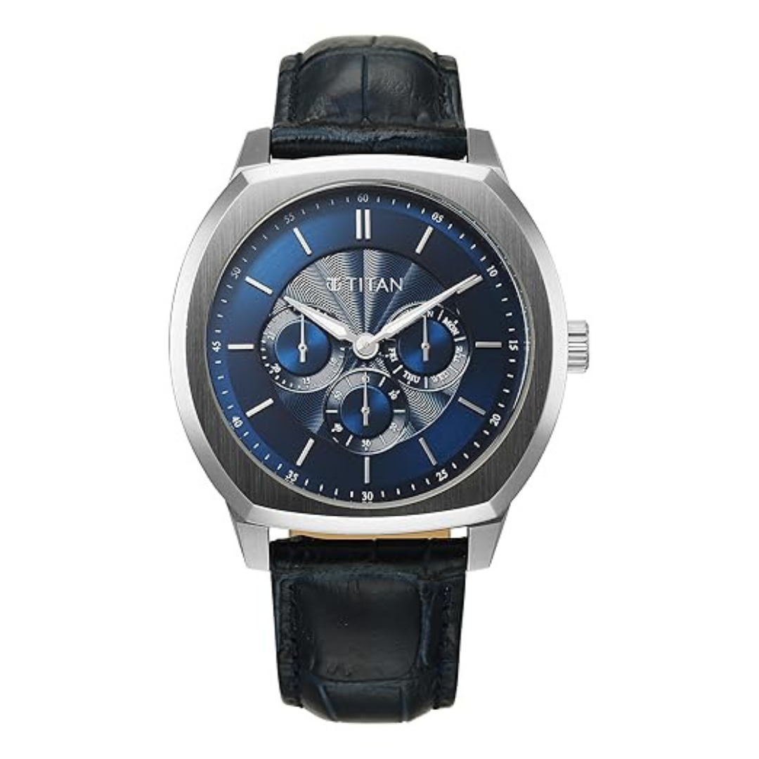 Titan Regalia Arc Analog with Day Date Second Subdial and Blue Dial Blue Leather Strap Watch for Men