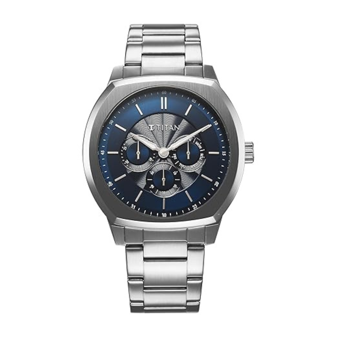 Titan Regalia Arc Analog with Day Date Second Subdial and Blue Dial Stainless Steel Strap Watch for Men