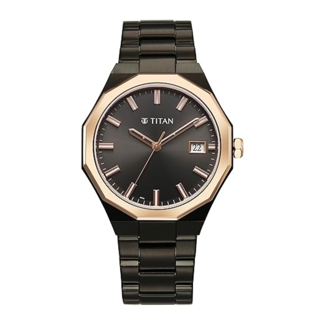 Titan Regalia Dodecagon Quartz Analog with Date Grey Dial Black Stainless Steel Strap Watch For Men