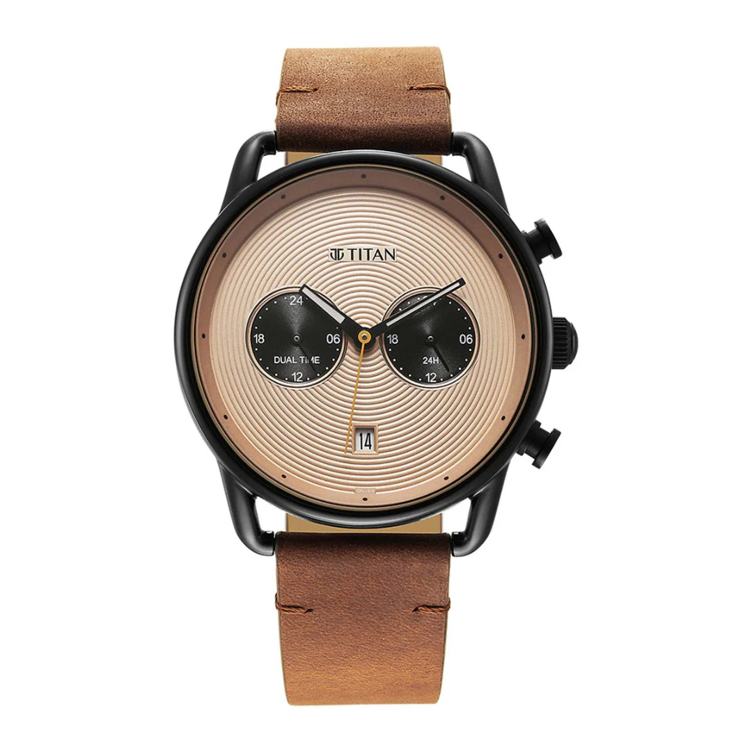 Titan Retro Beige Dial Brown Leather Strap Multifunction Watch for Men