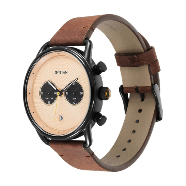 Titan Retro Beige Dial Brown Leather Strap Multifunction Watch for Men - Image 2