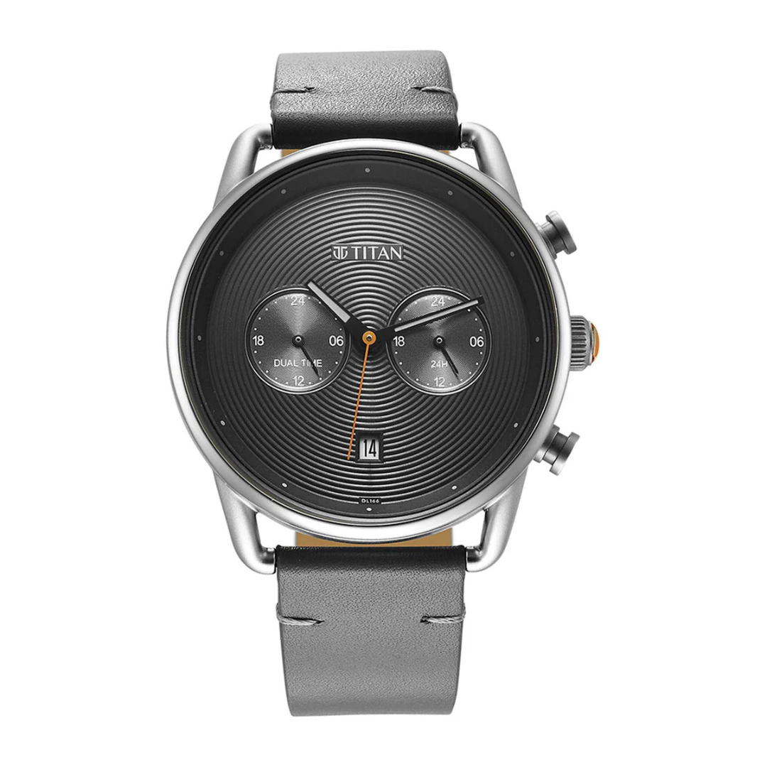 Titan Retro Cool Grey Dial Leather Strap Multifunction Watch for Men