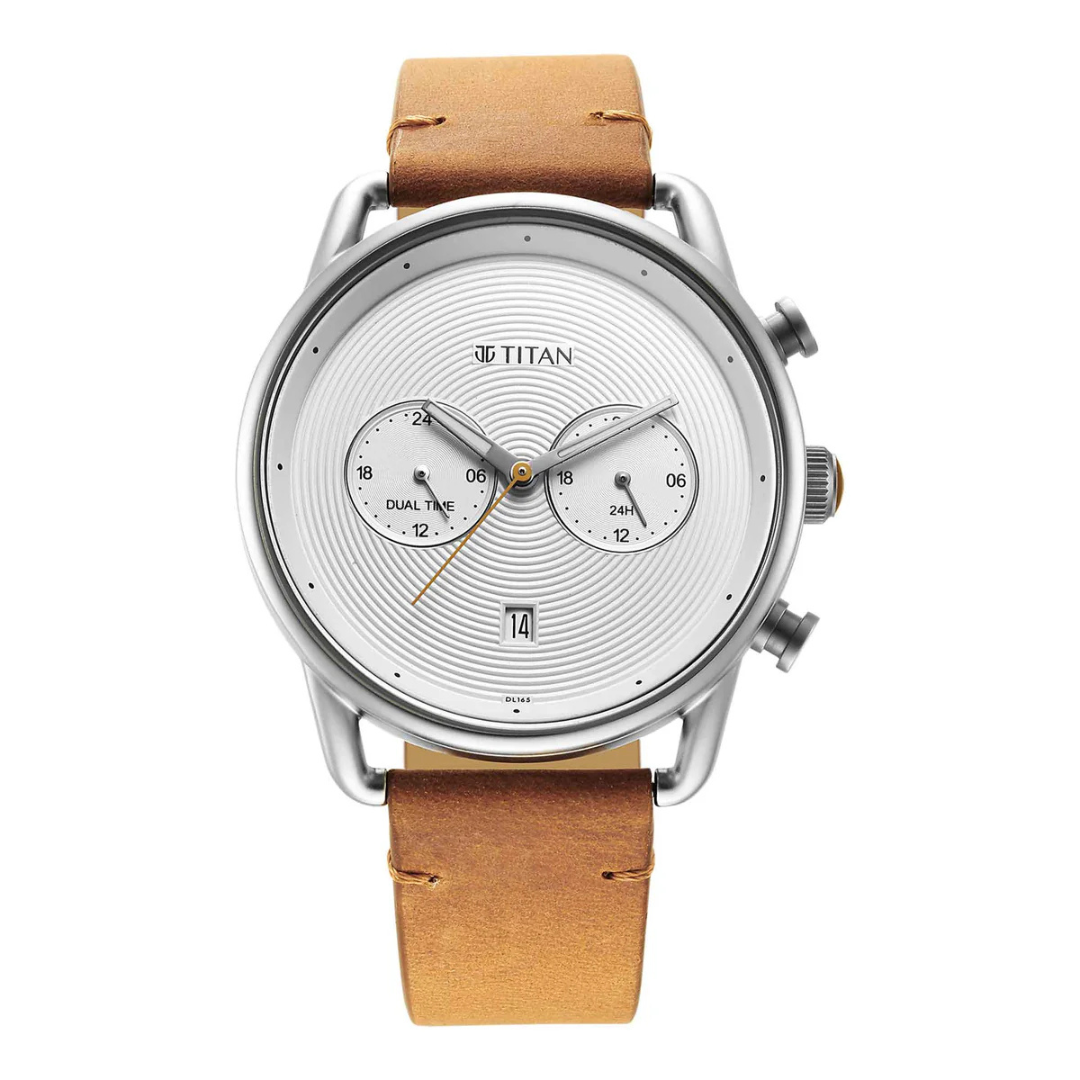 Titan Retro Silver White Dial Tan Leather Strap Multifunction Watch for Men