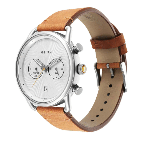 Titan Retro Silver White Dial Tan Leather Strap Multifunction Watch for Men - Image 2