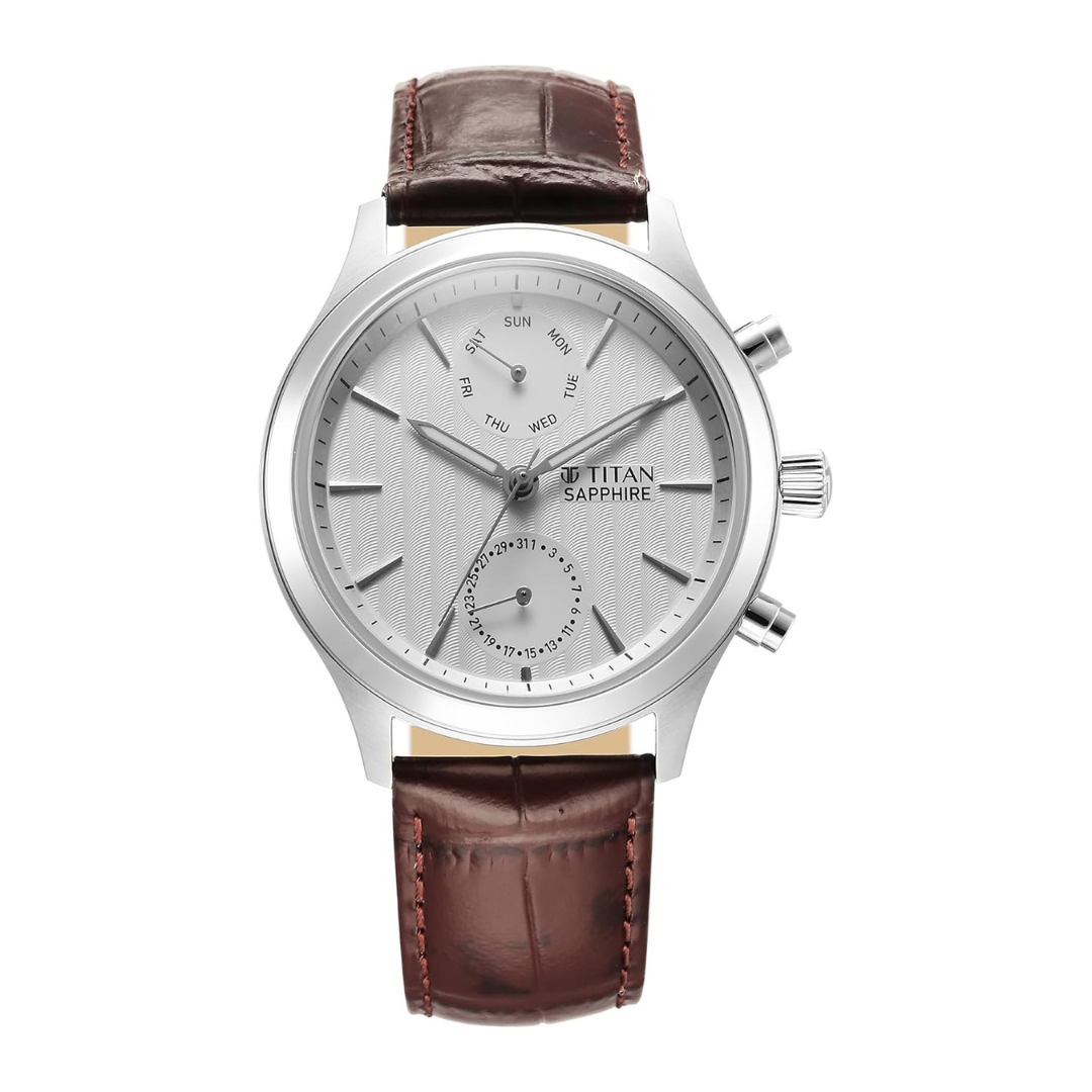 Titan Sapphire Silver White Dial Brown Leather Strap Watch for Men