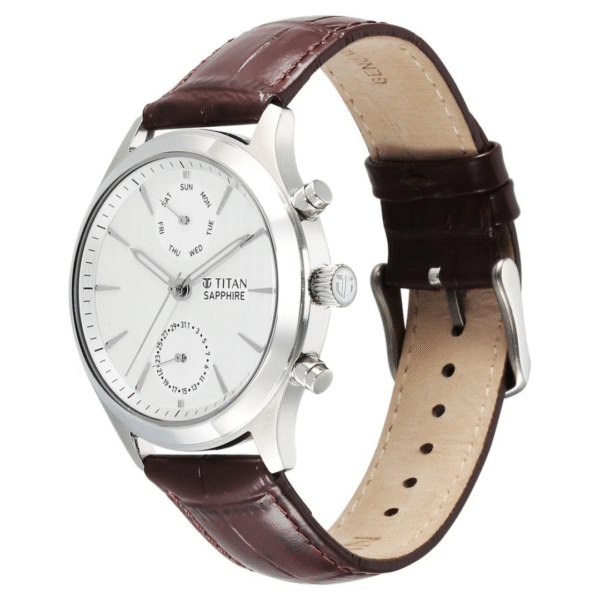 Titan Sapphire Silver White Dial Brown Leather Strap Watch for Men - Image 2