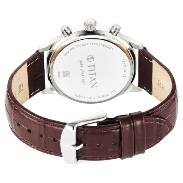 Titan Sapphire Silver White Dial Brown Leather Strap Watch for Men - Image 4