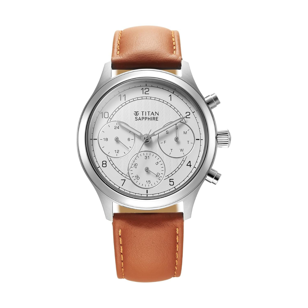 Titan Sapphire Silver White Dial Tan Leather Strap Watch for Men