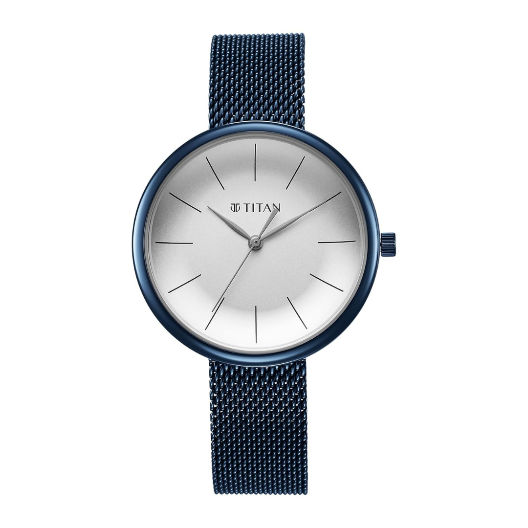 Titan Slimline Quartz Analog White Dial Blue Stainless Steel Strap Watch for Women
