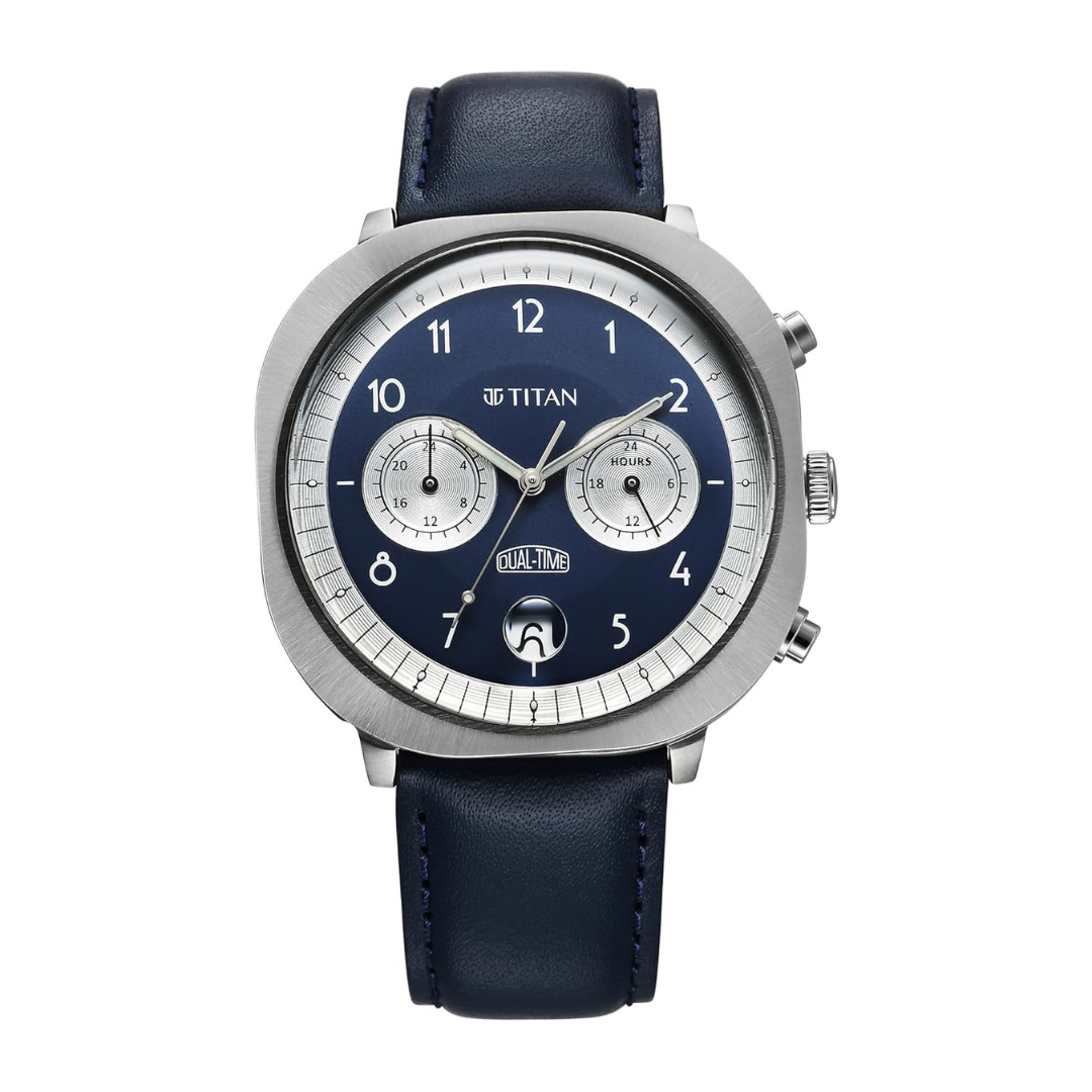 Titan Timeless Treasures Blue Dial Dual Time Leather Strap Watch for Men