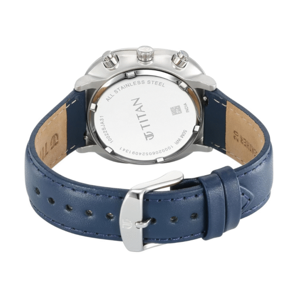 Titan Timeless Treasures Blue Dial Dual Time Leather Strap Watch for Men - Image 4