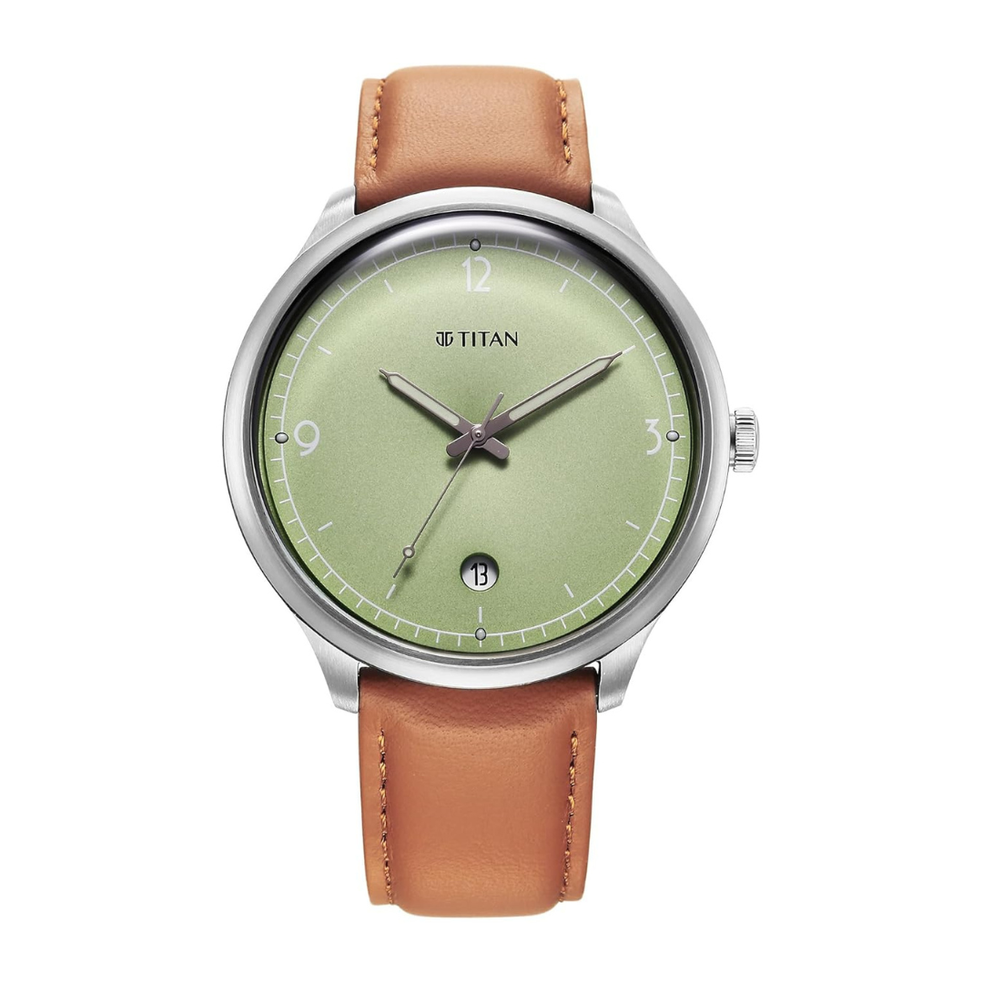 Titan Timeless Treasures Green Dial Tan Leather Strap Watch for Men